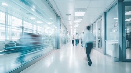 Fototapeta na wymiar Modern hospital corridor and people with long exposure effect, blurred