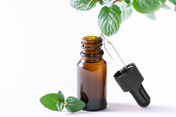 Organic mint essential oil or skin care serum in dark glass bottle with dropper on white background...