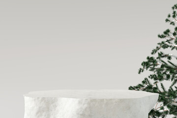 White stone product display podium with pine tree. Christmas concept. 3D rendering