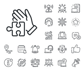 Hand with Jigsaw piece sign. Place location, technology and smart speaker outline icons. Puzzle line icon. Business challenge symbol. Puzzle line sign. Influencer, brand ambassador icon. Vector