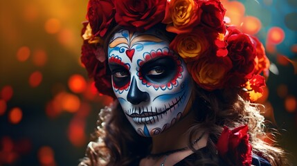  Girl with skull face paint and roses in hair celebrating Day of the Dead, wide banner, copy space. Generative AI