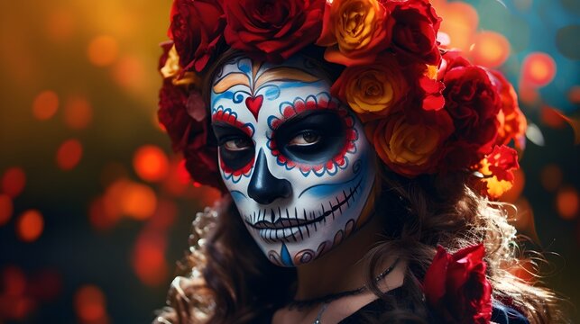  Girl with skull face paint and roses in hair celebrating Day of the Dead, wide banner, copy space. Generative AI