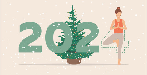 Happy new year card 2024. Young girl doing yoga pose in front of the Christmas tree. Woman practicing yoga as a part of the number 2024 sign. Vector banner or illustration - obrazy, fototapety, plakaty
