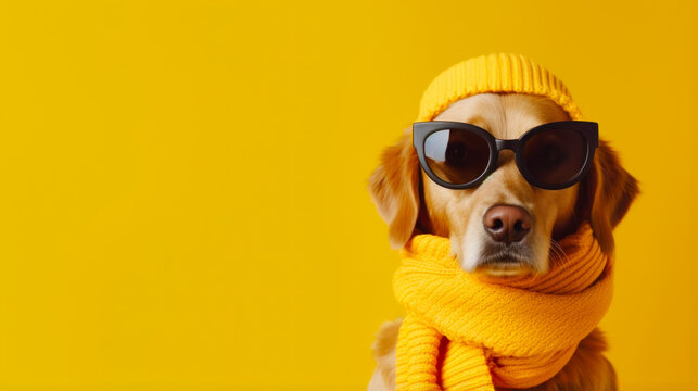 Fashionable dog wearing sunglasses and a yellow scarf.