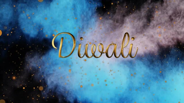 Animation of yellow spots and colored powder explosion over diwali text banner on black background