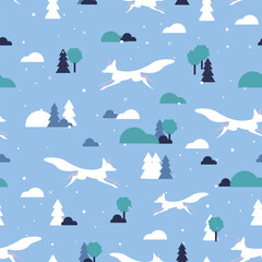 Winter seamless pattern with running fox. Silhouette white fox and threes. Vector illustration. Background For kids fabric, wrapping, textile, wallpaper, apparel. Vector illustration.