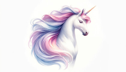 Obraz na płótnie Canvas Watercolor illustration of unicorn. Magic horse with one horn. Nursery room poster