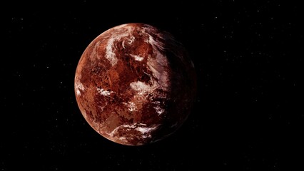 Red rocky desert Mars like planet. Thin atmosphere and clouds. 3D illustration concept of terran world. Barren and dry conditions. Earth ecosystem in extreme climate change drought oceans apocalypse.