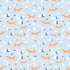 Winter seamless pattern with running fox. Silhouette Orange fox and threes. Vector illustration. Simple Background For kids fabric, wrapping, textile, wallpaper, apparel.