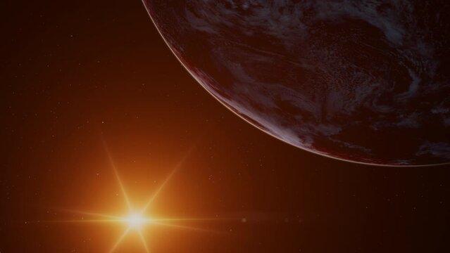 Red rocky desert Mars like planet. Home star sun shining hot. 3D animation concept of terran world. Barren and dry conditions. Earth ecosystem in extreme climate change apocalyptic drought oceans.