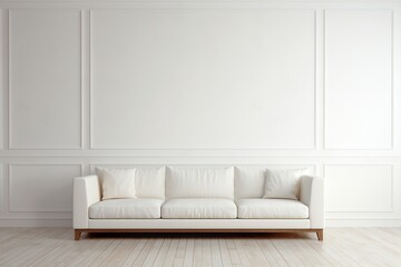 Fototapeta na wymiar Interior mock up, contemporary style. Empty white wall in modern room. Copy space for your artwork, picture, poster. Apartment interior design. White sofa.