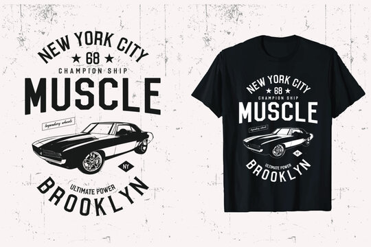 New York City muscle classic car t-shirt design. american vintage car vector t shirt graphic. black and white background print.