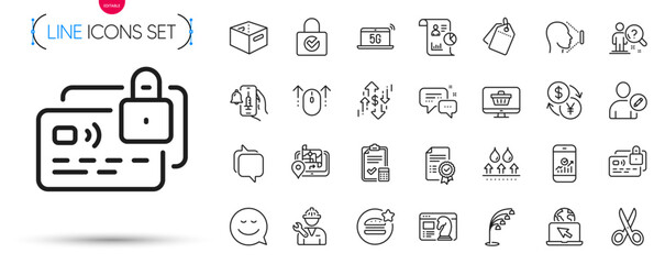 Pack of Smartphone statistics, Best food and Waterproof line icons. Include Gps, Face id, Floor lamp pictogram icons. Certificate, Office box, Employees messenger signs. Card, Edit user. Vector