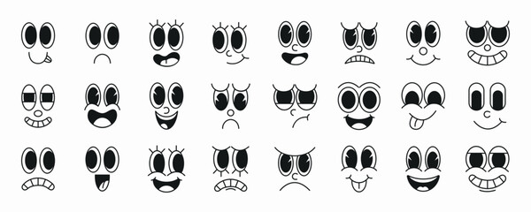 Set of 70s groovy comic faces vector. Collection of cartoon character faces, in different emotions, happy, angry, sad, cheerful. Cute retro groovy hippie illustration for decorative, sticker