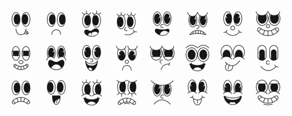 Foto op Plexiglas Set of 70s groovy comic faces vector. Collection of cartoon character faces, in different emotions, happy, angry, sad, cheerful. Cute retro groovy hippie illustration for decorative, sticker © Viktoryia