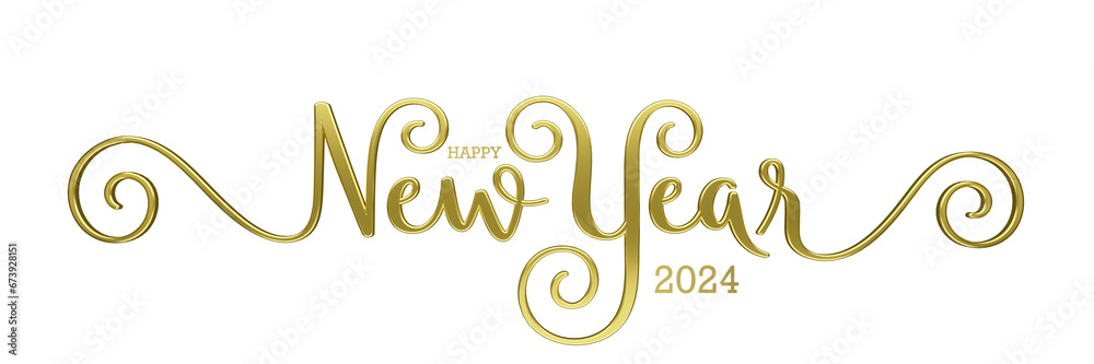 Wall mural 3d render of happy new year 2004 metallic gold brush calligraphy banner on transparent background - Wall murals