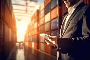 Businessman with tablet computer at container warehouse. Online control of cargo and movements in the warehouse. Shipment and verification of contracts online.