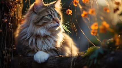 Naklejka na ściany i meble Ragamuffin cat. Happy New Year portrait in Christmas tree branches and garlands. Ragamuffin. Horizontal banking poster background for ad. Photo AI Generated