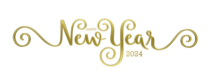 3D render of HAPPY NEW YEAR 2004 metallic gold brush calligraphy banner on transparent background