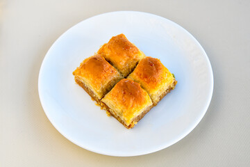 Turkish Dessert Sobiyet  Baklava, kadayif,  mussels baklava and classic baklava with Pistachio . Cevizli, Fistikli Baklava, top view.