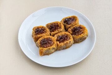 Turkish Dessert Sobiyet  Baklava, kadayif,  mussels baklava and classic baklava with Pistachio . Cevizli, Fistikli Baklava, top view.