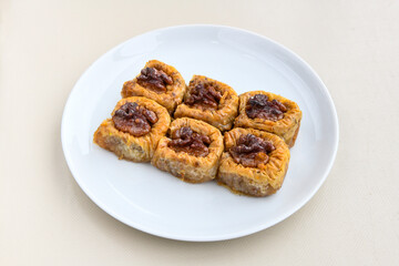 Turkish Dessert Sobiyet  Baklava, kadayif,  mussels baklava and classic baklava with Pistachio . Cevizli, Fistikli Baklava, top view.