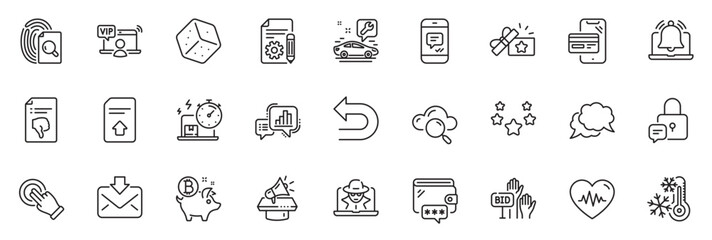 Icons pack as Freezing, Thumb down and Delivery online line icons for app include Bitcoin coin, Car service, Stars outline thin icon web set. Loyalty gift, Dice, Documentation pictogram. Vector