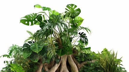 Jungle tree trunk with climbing Monstera (Monstera deliciosa), bird’s nest fern, philodendron and forest orchid green leaves tropical foliage plants isolated on white  with clipping, Generative AI