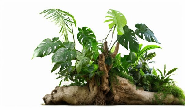 Jungle tree trunk with climbing Monstera (Monstera deliciosa), bird’s nest fern, philodendron and forest orchid green leaves tropical foliage plants isolated on white  with clipping, Generative AI