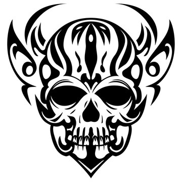 Tribal Skull , Devil , Satan on fire tattoo vector illustration,  Skull head black and white silhouette tattoo stock vector image