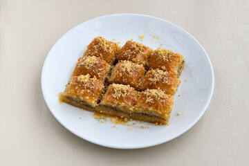 Turkish Dessert Sobiyet  Baklava, kadayif,  mussels baklava and classic baklava with Pistachio . Cevizli, Fistikli Baklava, top view.