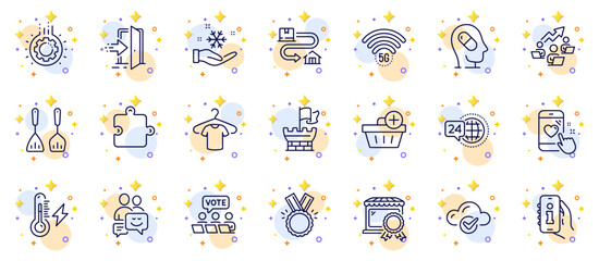 Outline set of Freezing, Heart rating and Online voting line icons for web app. Include Cloud computing, Teamwork chart, Add purchase pictogram icons. Info app, Depression treatment. Vector