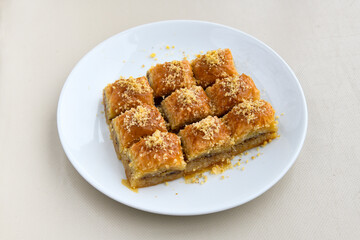 Turkish Dessert Sobiyet  Baklava, kadayif,  mussels baklava and classic baklava with Pistachio . Cevizli, Fistikli Baklava, top view.