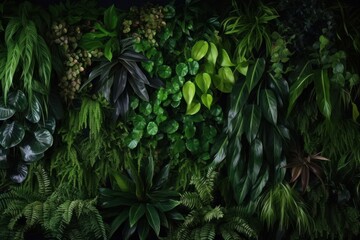 Vertical garden nature backdrop, living green wall indoors garden with various tropical rainforest foliage plants (devil's ivy, ferns, philodendron, peperomia, and inch plant) on dark, Generative AI - obrazy, fototapety, plakaty