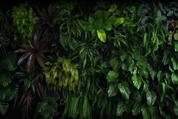 Vertical garden nature backdrop, living green wall indoors garden with various tropical rainforest foliage plants (devil's ivy, ferns, philodendron, peperomia, and inch plant) on dark, Generative AI