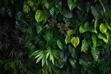 Vertical garden nature backdrop, living green wall indoors garden with various tropical rainforest foliage plants (devil's ivy, ferns, philodendron, peperomia, and inch plant) on dark, Generative AI - obrazy, fototapety, plakaty