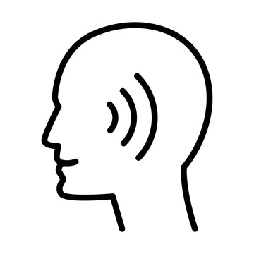 Hearing aid on human ear, linear icon, head.