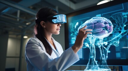 Medical researcher wearing VR goggles in laboratory to view model of the brain