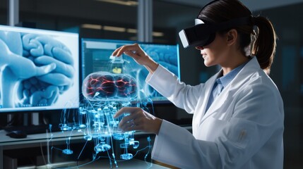 Medical researcher wearing VR goggles in laboratory to view model of the brain - obrazy, fototapety, plakaty