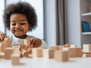 bambino sorridente che gioca con mattoncini in legno 