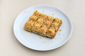 Turkish Dessert Sobiyet  Baklava, kadayif,  mussels baklava and classic baklava with Pistachio . Cevizli, Fistikli Baklava, top view.