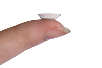 Female hand with contact lens on finger over a transparent background.
