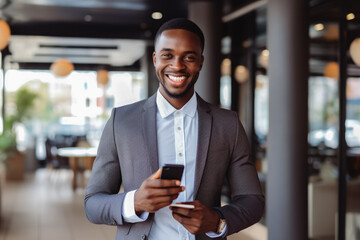 Business man smiling at the camera and holding a cellphone. Portrait of confident young man in a suit smiling at camera. Business concept.