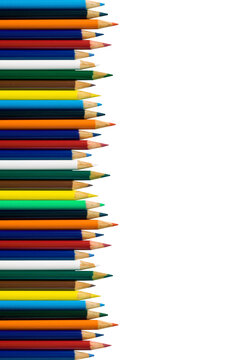 Set of colored pencils in PNG isolated on transparent background. Background on the theme back to school. Border.