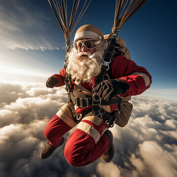 Santa Claus flying on a parachute