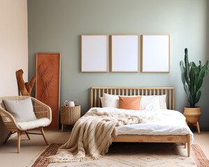 bedroom set of 3 wooden frame mockup, for business, poster exhibition, wall art preview mockups, 3d rendering