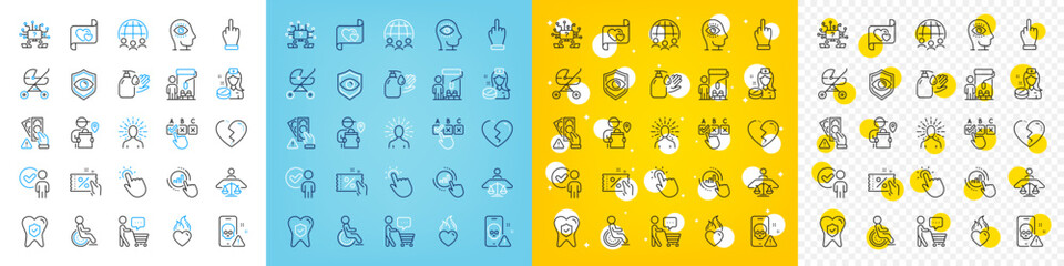 Vector icons set of Painter, Discount coupon and Wash hands line icons pack for web with Meditation eye, Broken heart, Middle finger outline icon. Teamwork question, Baby carriage. Vector
