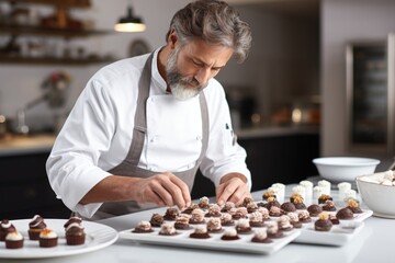 Chef demonstrating sophisticated sugar and chocolate work for fingerfood in a radiant white kitchen  - obrazy, fototapety, plakaty
