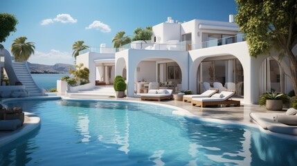 Modern luxury white Sicilian villa with a beautiful blue pool.A place for privacy and relaxation. Advertising of tourism, recreation and real estate