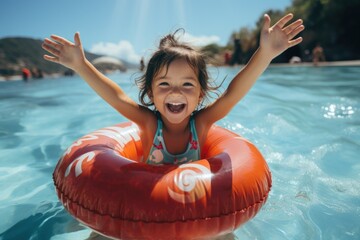 cute asian girl toddler shows a thumbs up. A happy, laughing baby is swimming in a swimming ring. Summer family vacation in a luxury hotel.Fun family tour